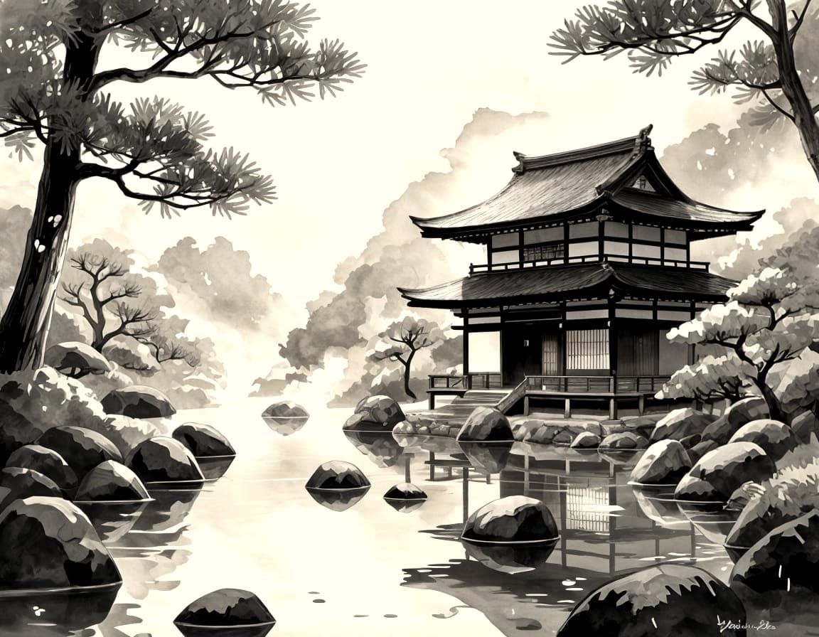 Ethereal Japanese Garden with Ancient Hut