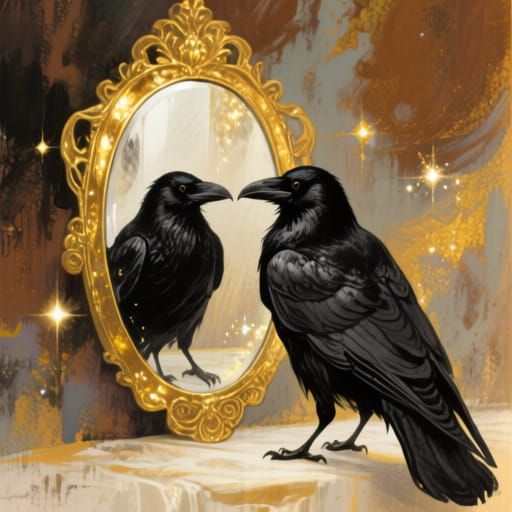 Mystic Raven in Golden Mirror Ink Painting