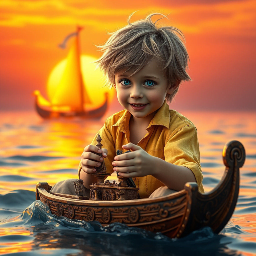 Boy Plays with Toy Boat at Sunset
