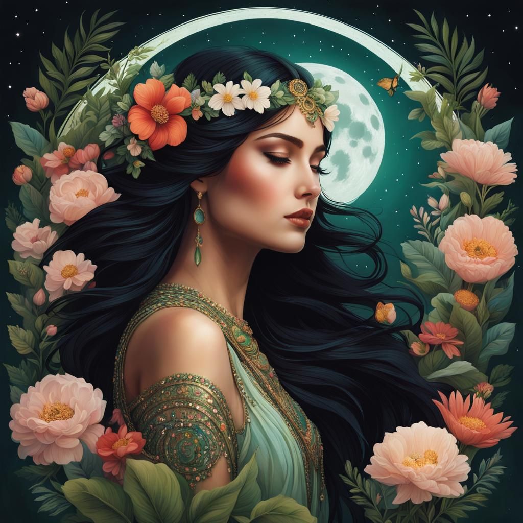 Ethereal Moon Goddess in a Floral Landscape