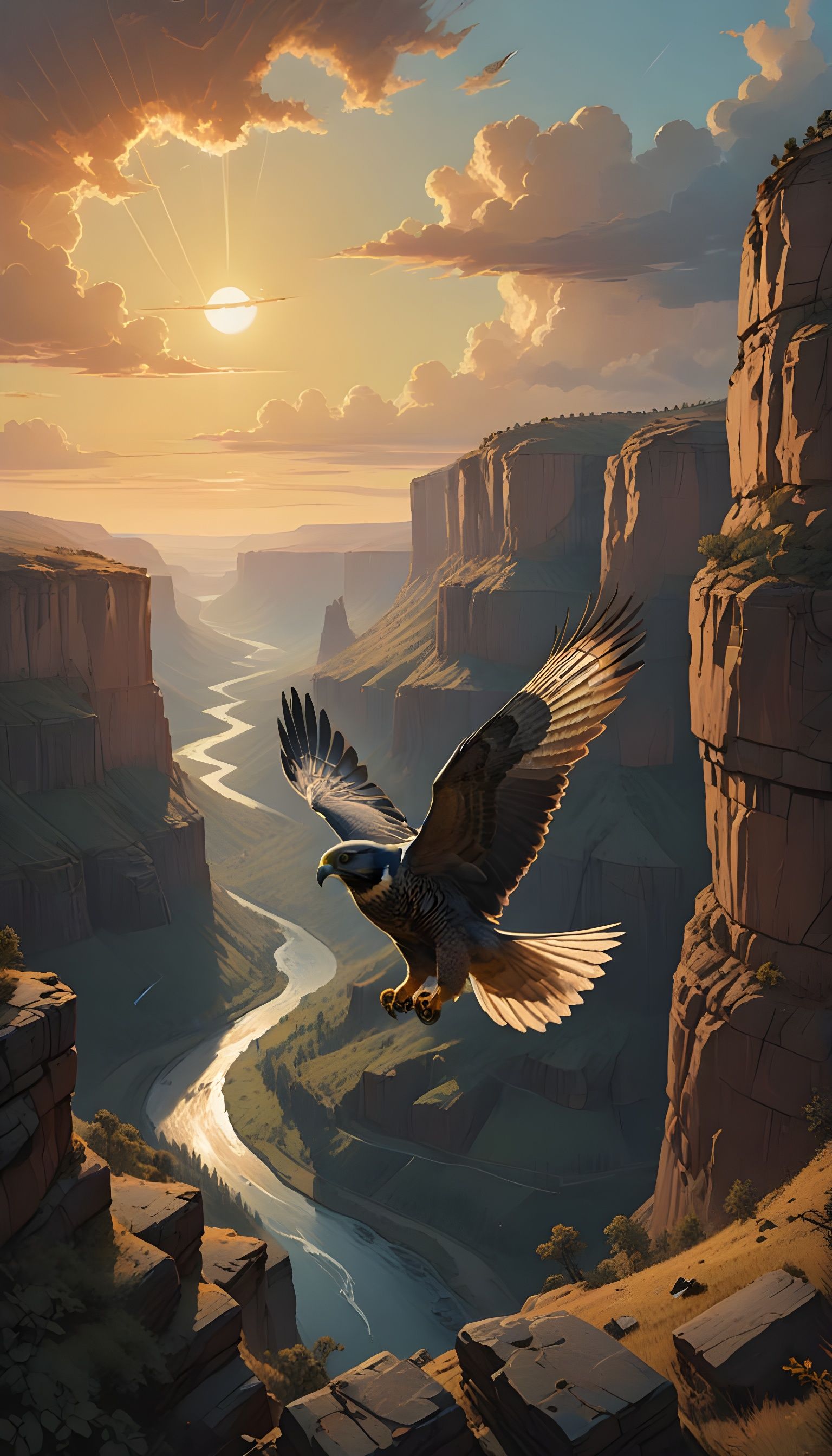 Majestic Realism: Falcon Soars Above Golden Canyon