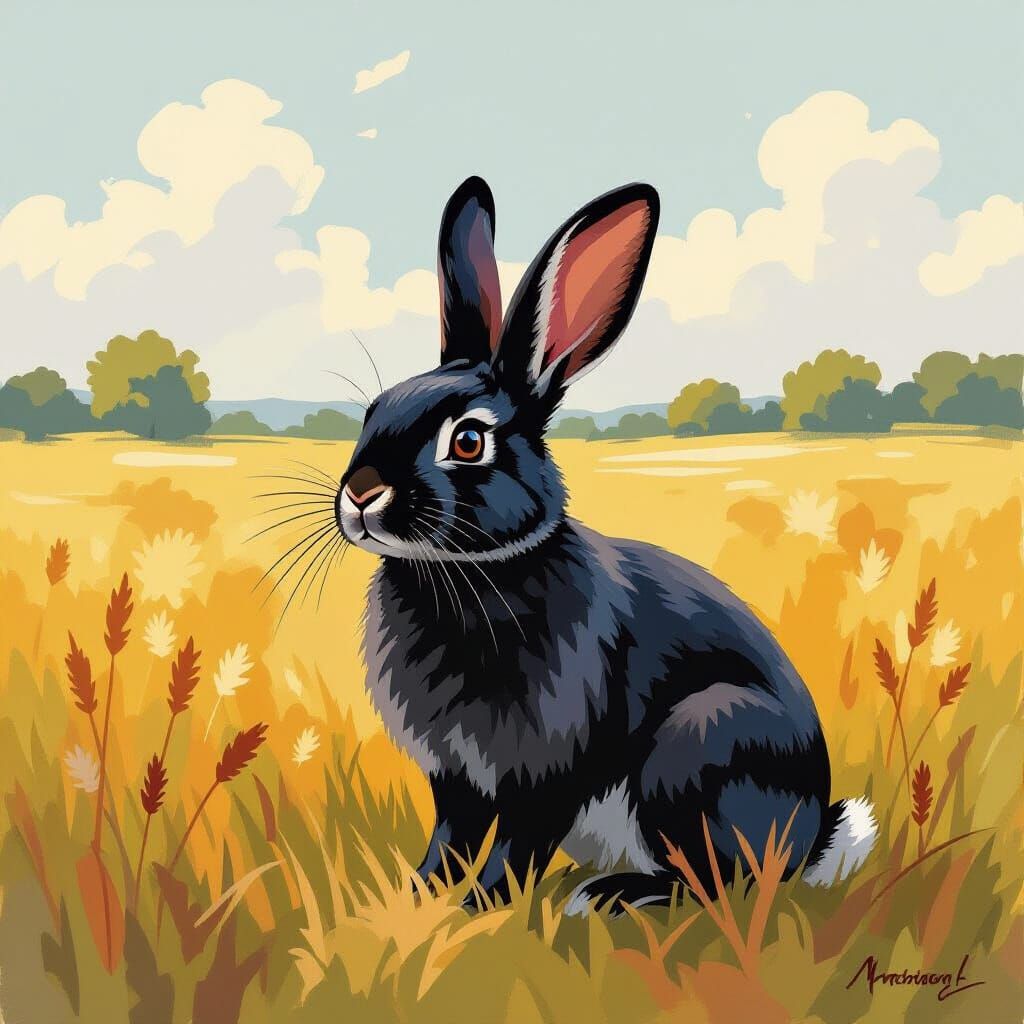 Black Rabbit in Field as Gouache Impressionist Painting