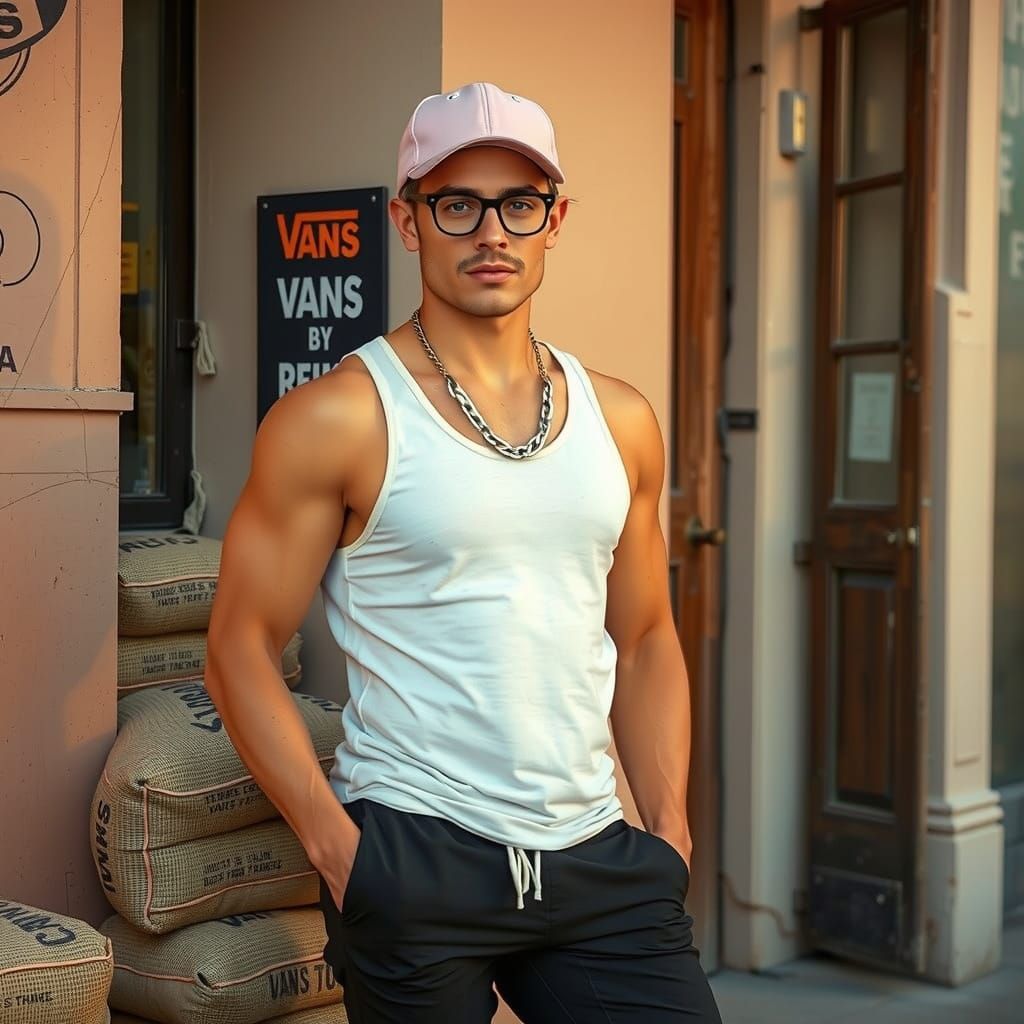 Athletic Man in Pink Cap Leans in New York Light
