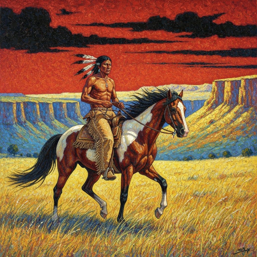 Native American Man Rides Pony in Impressionistic Style