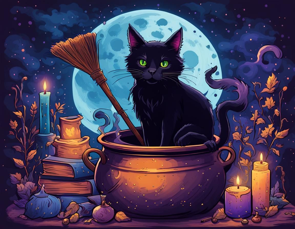 Black Cat Brews Potion in Fantasy Illustration