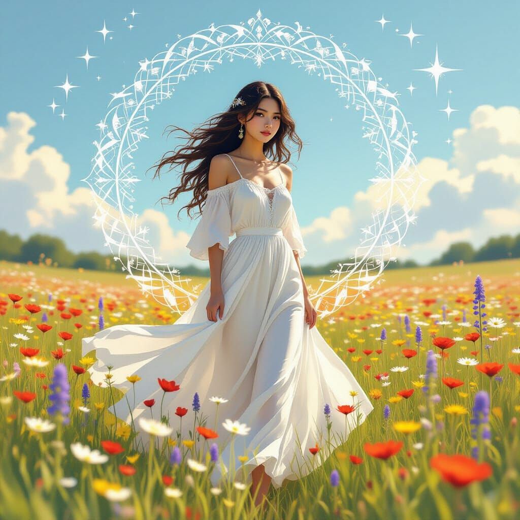 Girl in Wildflower Field with Celestial Textures