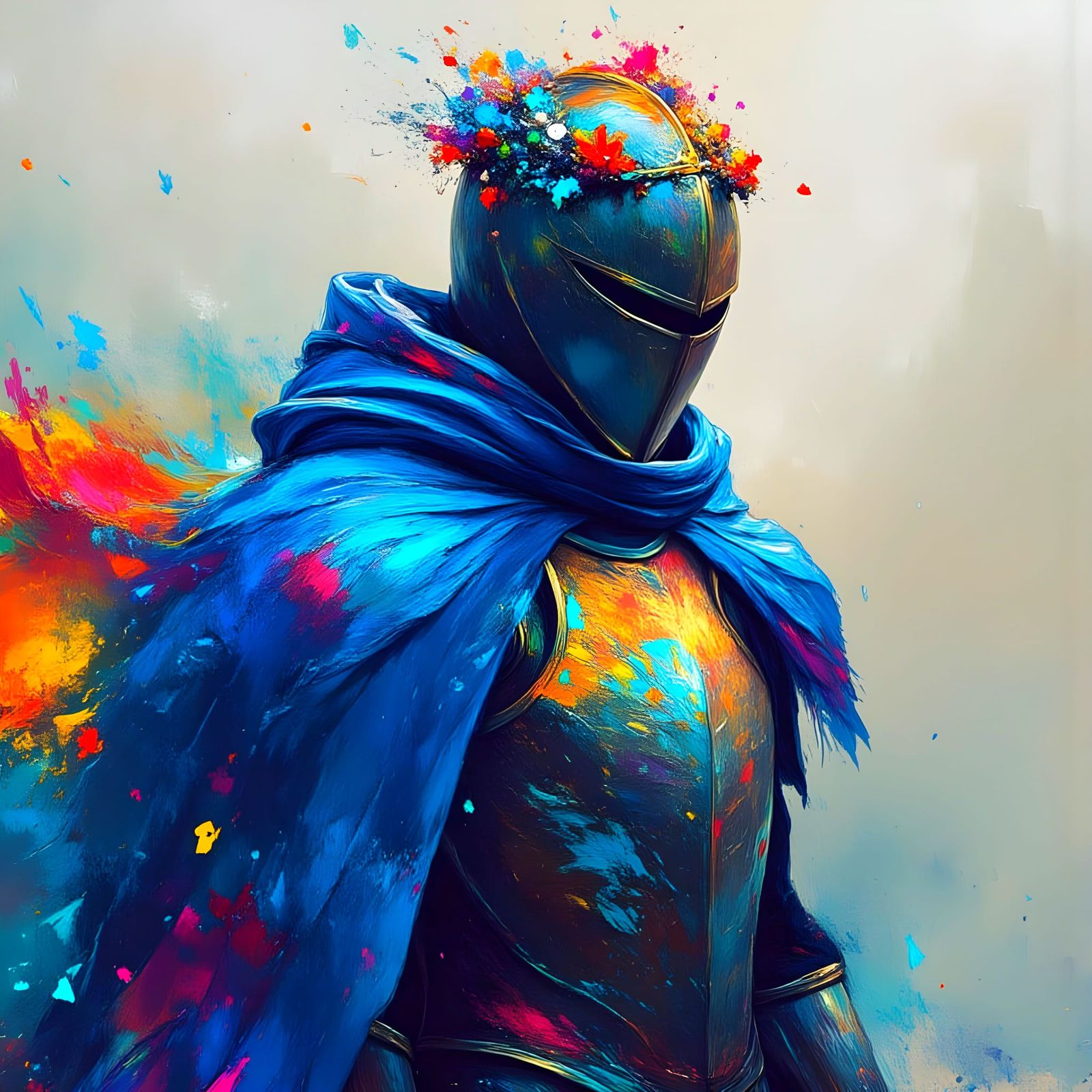 Armored Knight with Flower Crown in Impressionistic Style