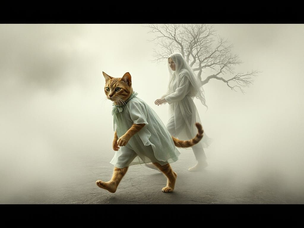 Whimsical Cat Dissolves into Ethereal Figure and Nature