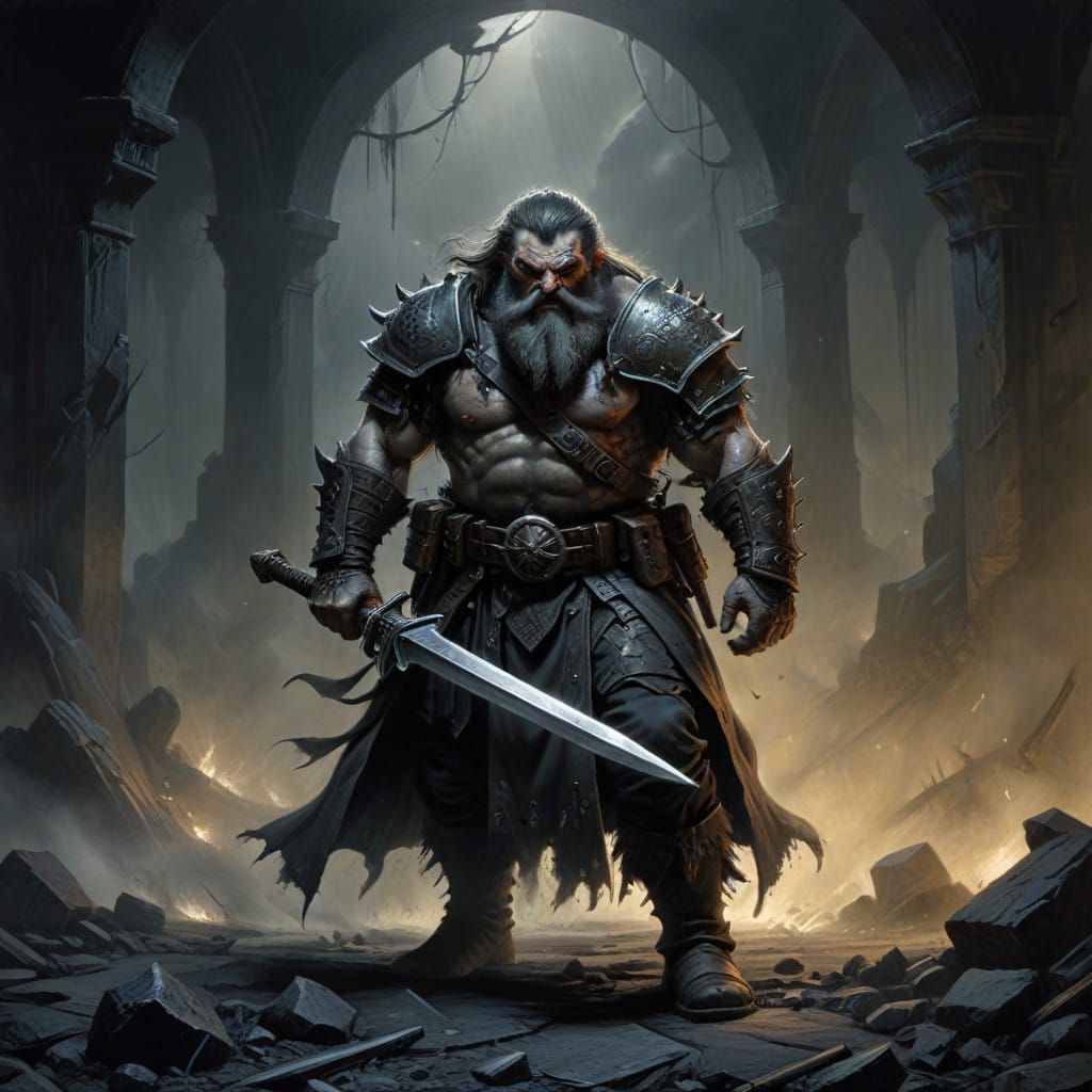 Menacing Dwarf Warrior in Leather Armor, Wielding Sword and...