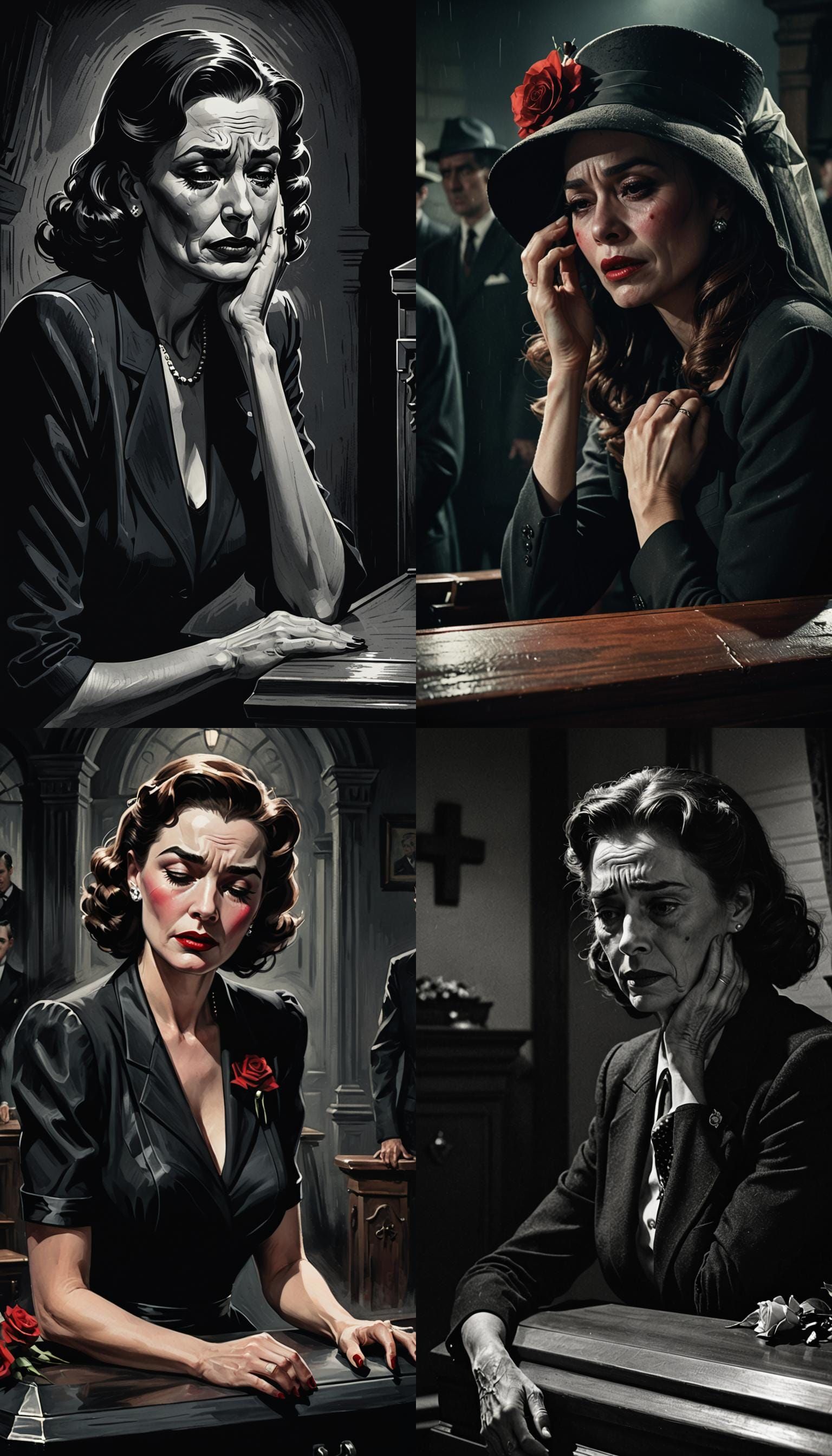 Woman Crying at Wake, Retro Illustration