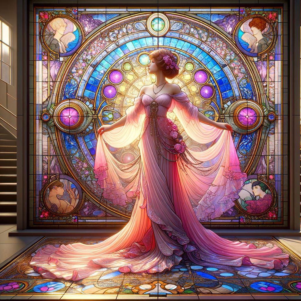 Elegant Art Deco Princess in Vibrant Stained Glass