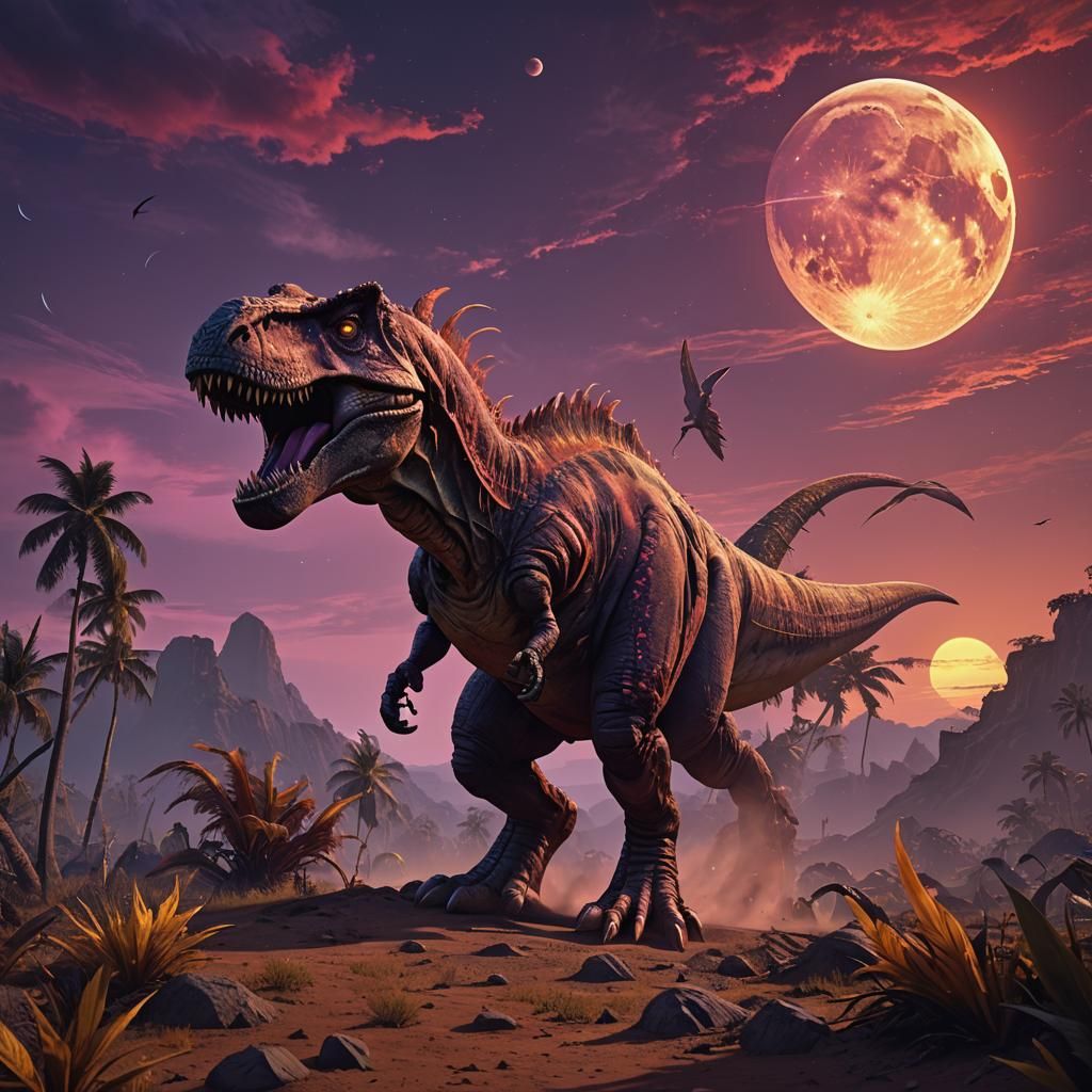 Raging T-Rex and Raptor Under Red Moon in Dark Fantasy Style