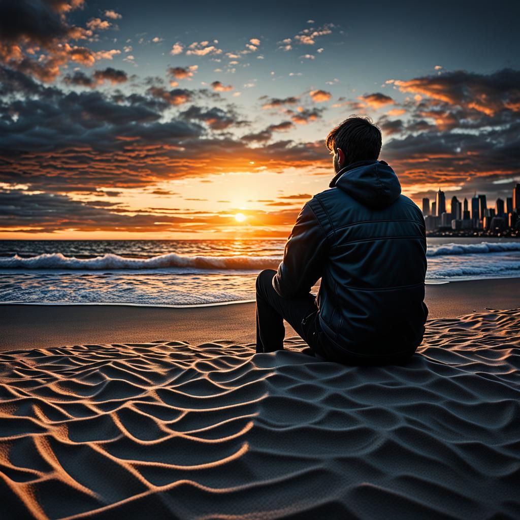 Hyperrealistic Sunset Beach Scene with Man