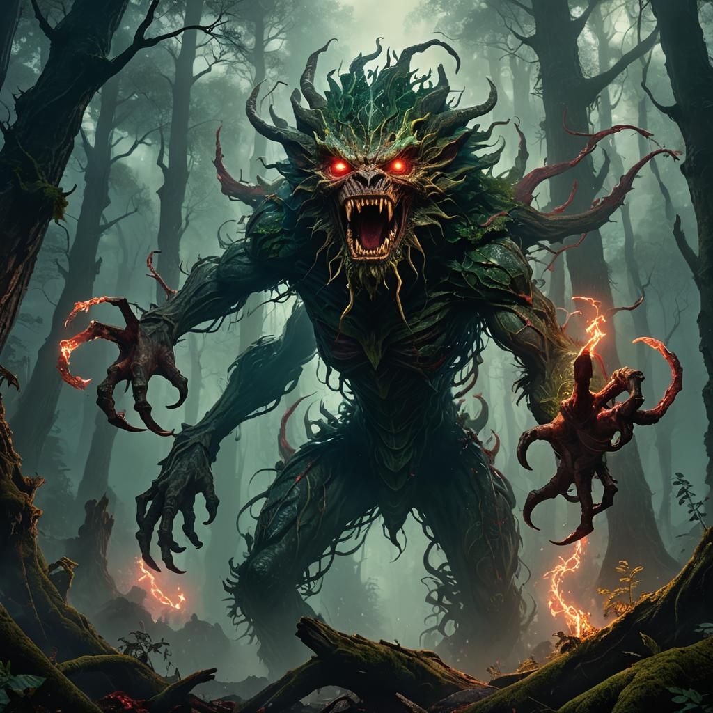 Demogorgon Roaring in Misty Forest: Fantasy Art