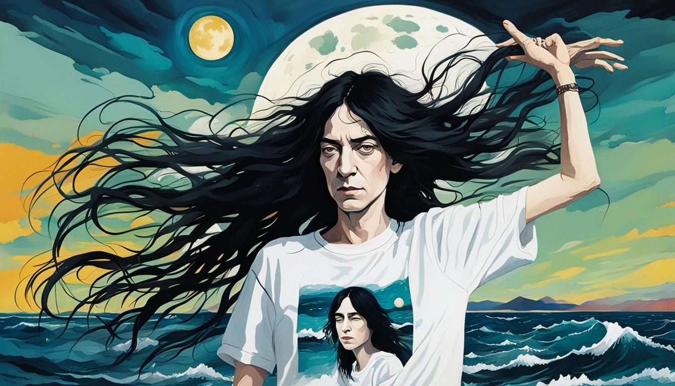 Singer by the Ocean with Moon in Abstract Art