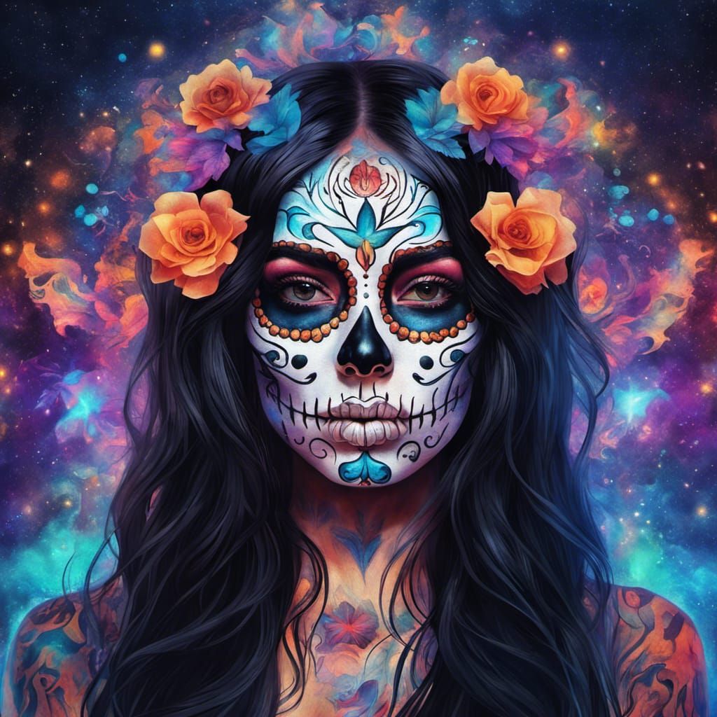 Woman with Sugar Skull Face Paint in Astral Style