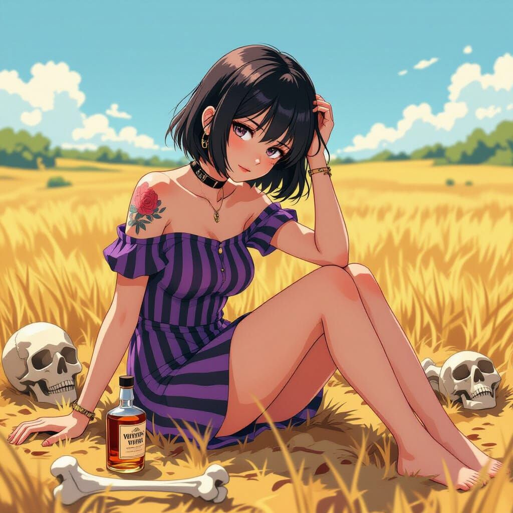 Sad Anime Girl in Field, Studio Trigger Style