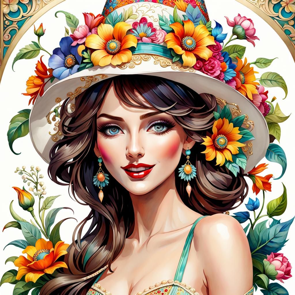 Elegant Woman with Flower Hat in Art Deco Style