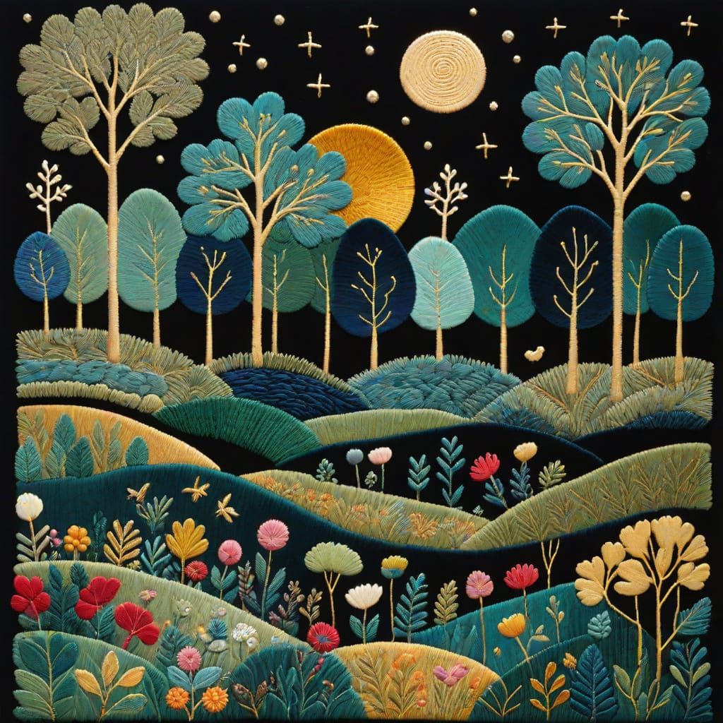 Folk Art Forest Landscape Embroidery