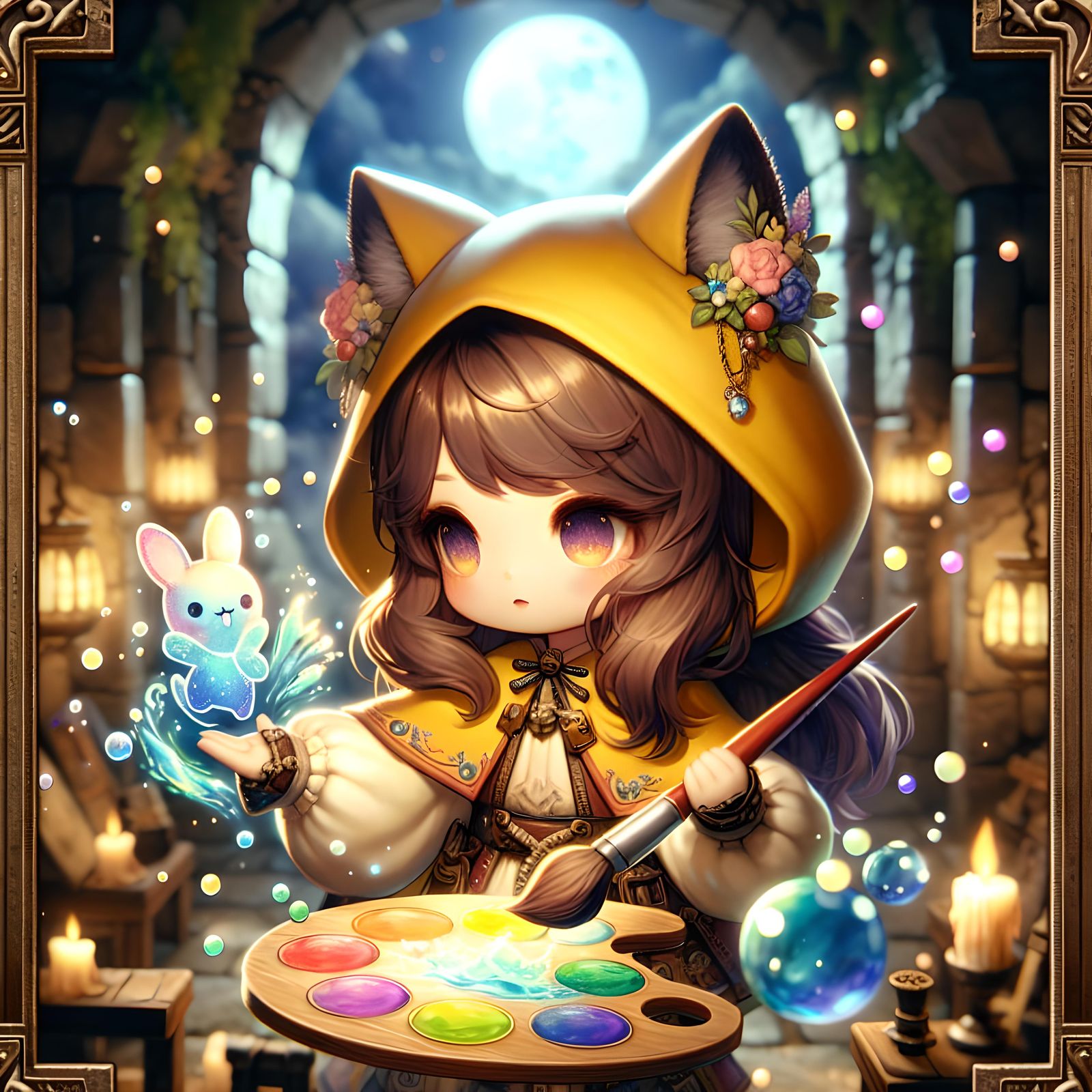 Gnome Magic Painter with Water Rabbit in Fantasy Cave