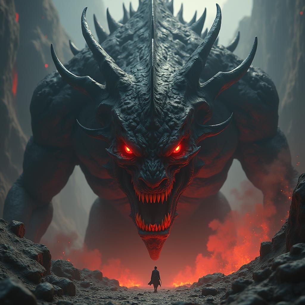 Colossal Creature with Fiery Eyes in Fantasy Art