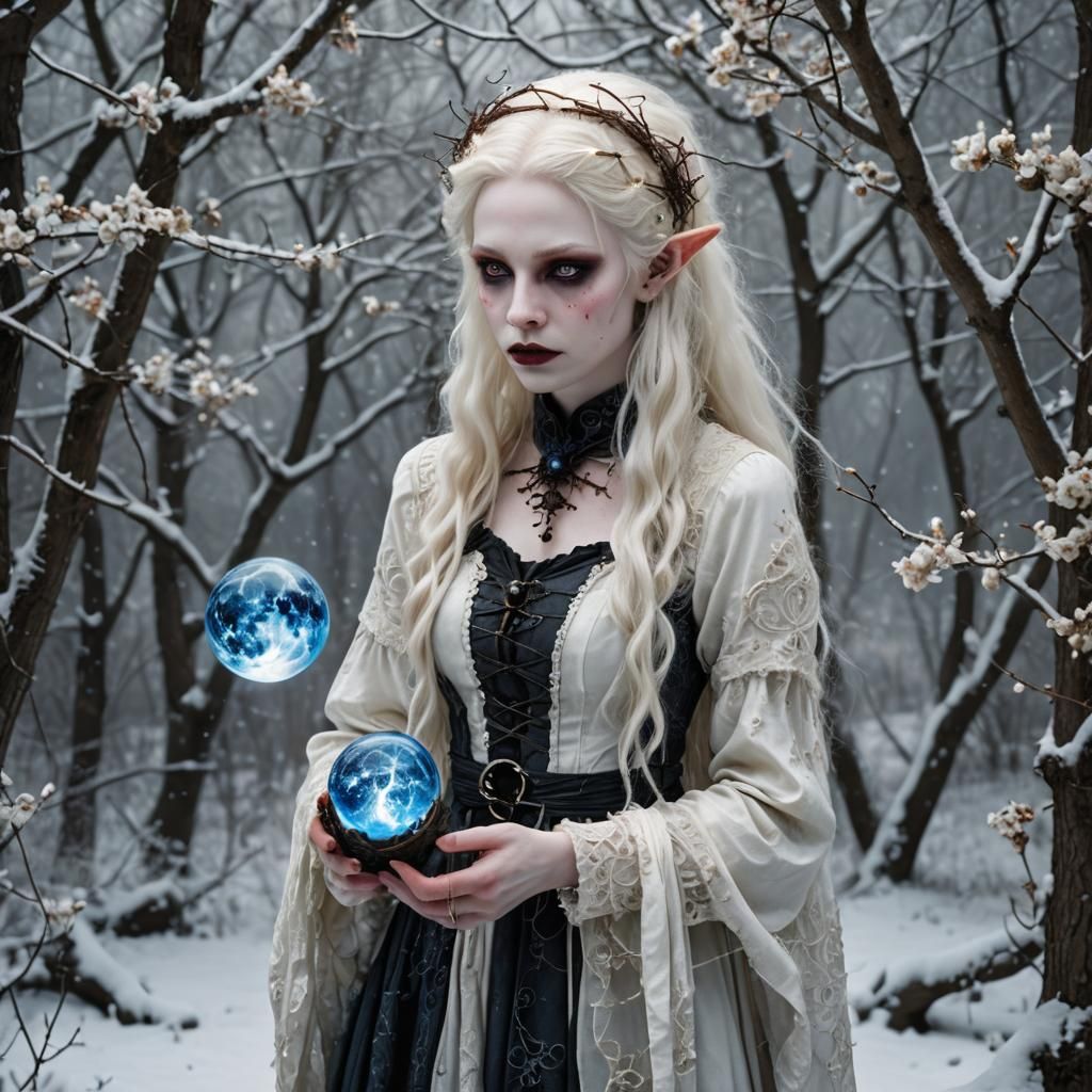 Gothic Elf with Orb in Vaporwave VHS Style