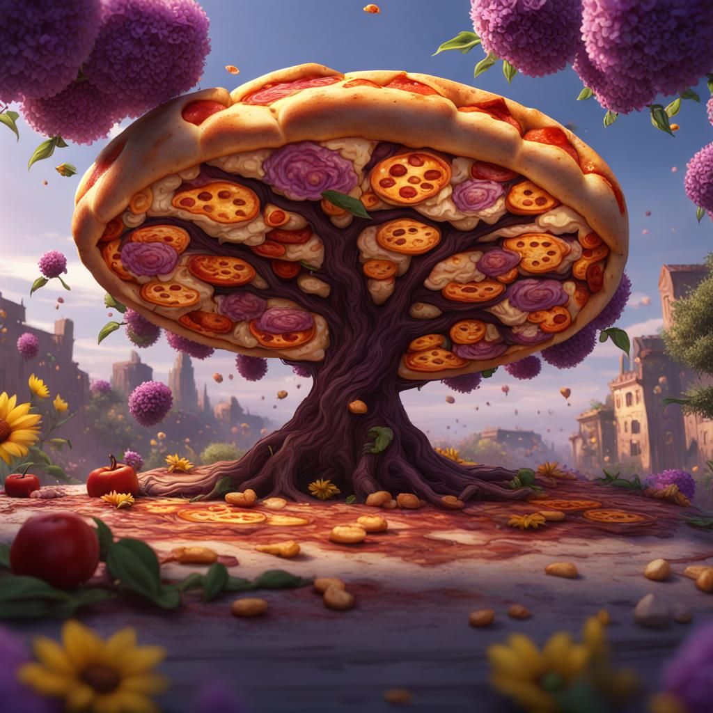 Pizza Tree with Pizza Slice Flowers in Dark Fantasy Style