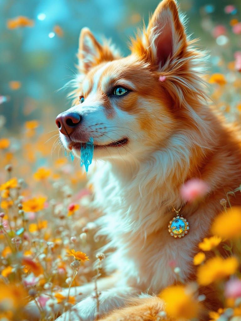 Whimsical Dog Amidst Golden Blooms in Vibrant Cartoon Style