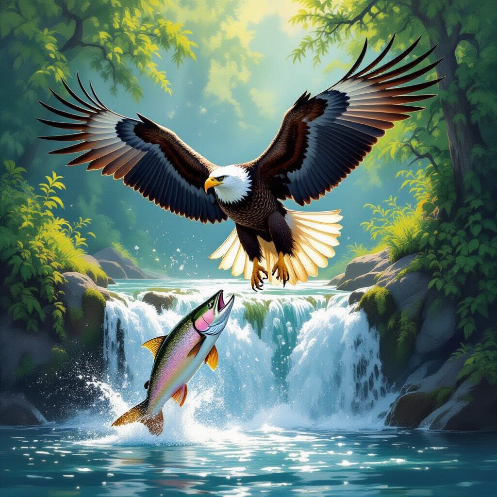 American Bald Eagle Catching Salmon at Waterfall