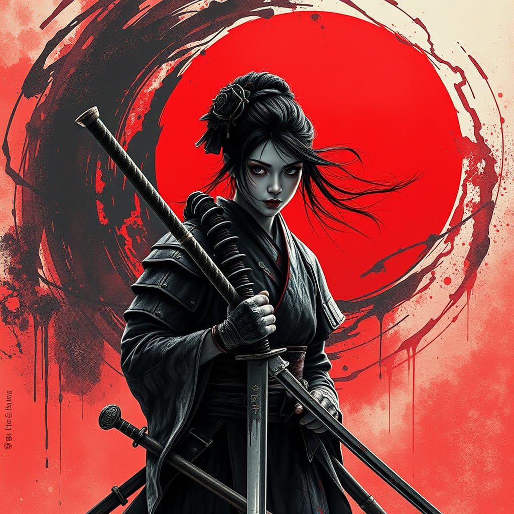 The Silent Warrior – A ragged samurai geisha, holding her broken-bladed katana, at the center of a swirl of dripping ink...