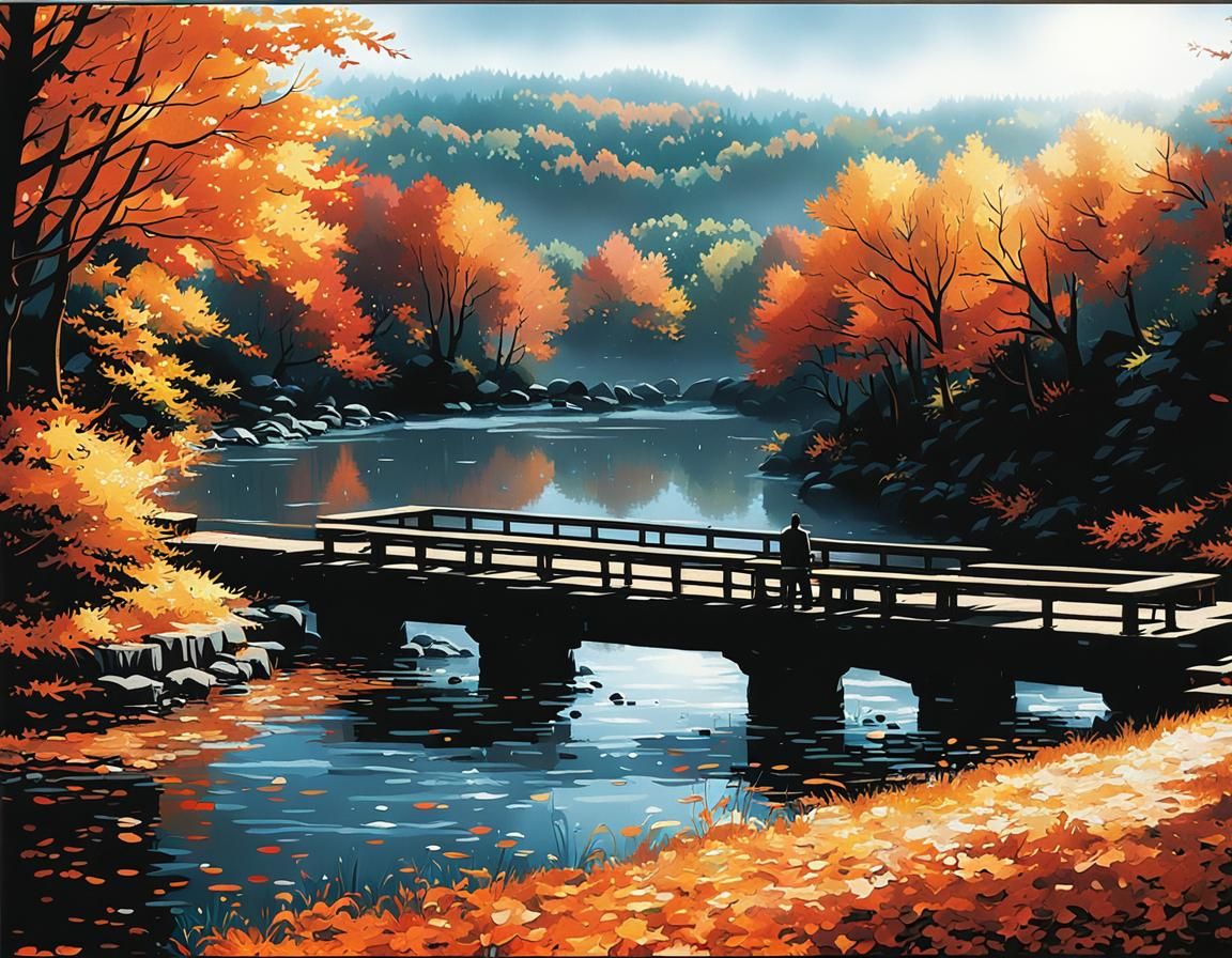 Boy Drinks Coffee in Autumn Park: Anime Style