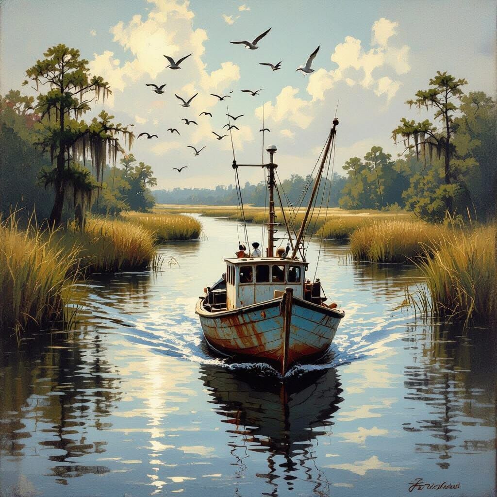 Shrimp Boat on Winding River: Maritime Painting