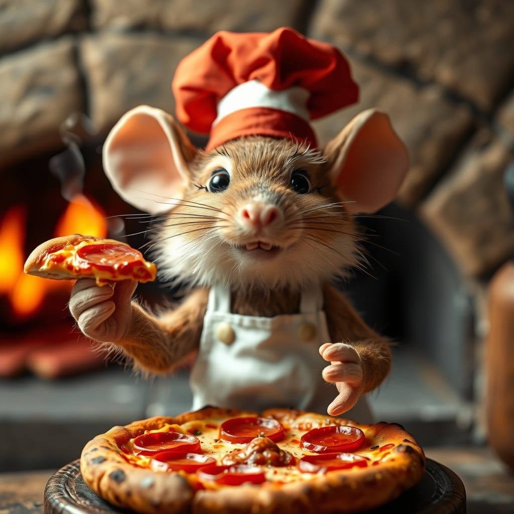 Italian Chef Mouse Holds Up Fresh Pizza in Cozy Earthy Tones