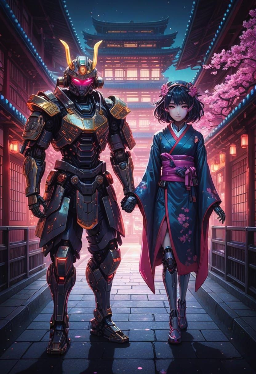 Epic Cyberpunk Samurai Poster with Mecha Armor and Vibrant N...