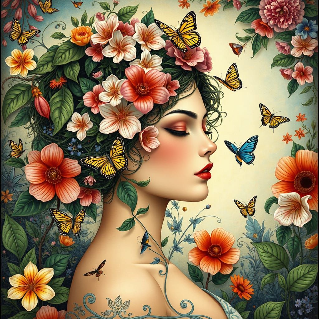 Floral Goddess Portrait in Art Nouveau Style