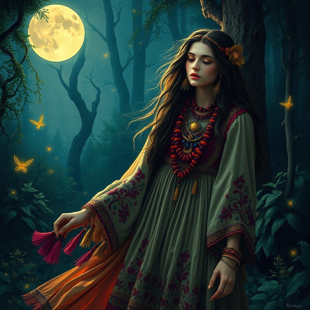 Gypsy Woman in Moonlit Forest: Surreal Art