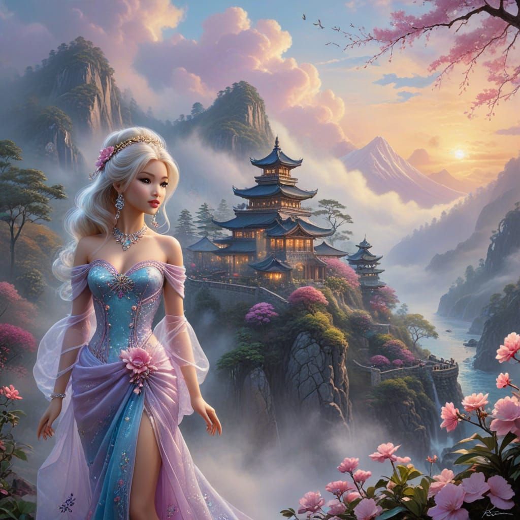 Ethereal Asian Barbie in Whimsical Fantasy Landscape