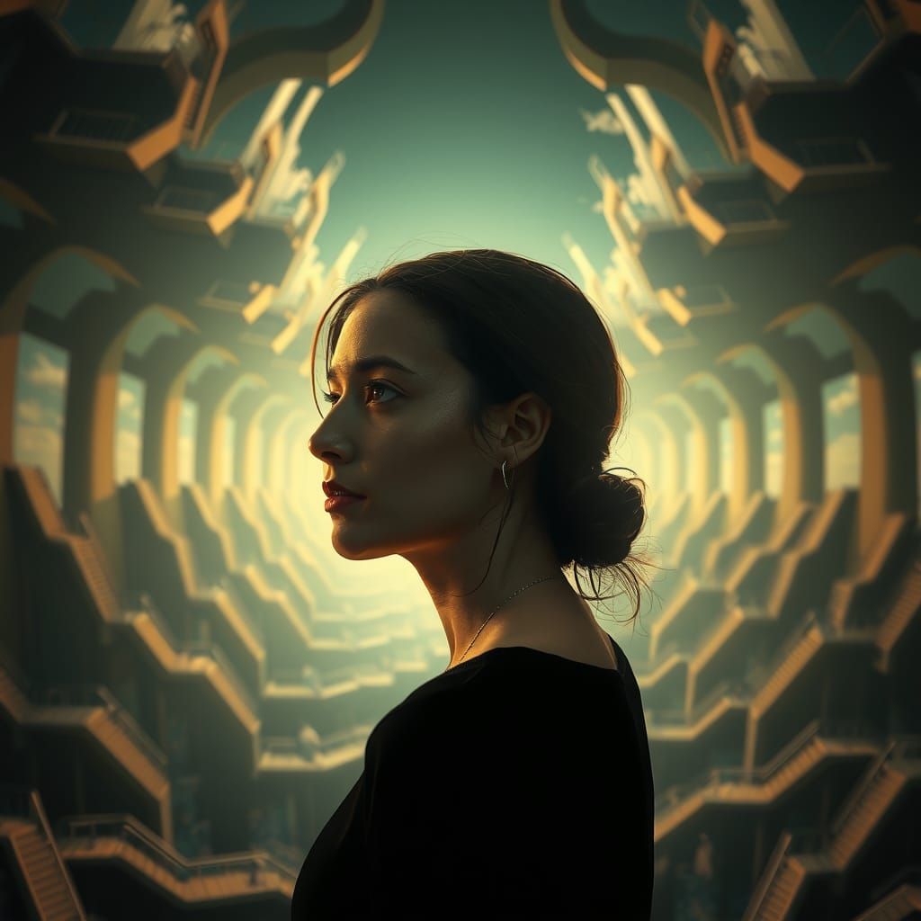 Surreal Woman in Escher-Inspired Ocean Landscape