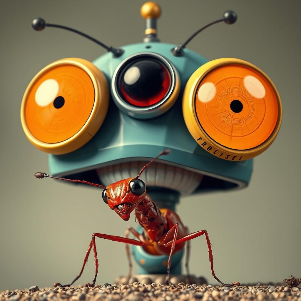 Bug-Eyed Robot Sneering at an Ant