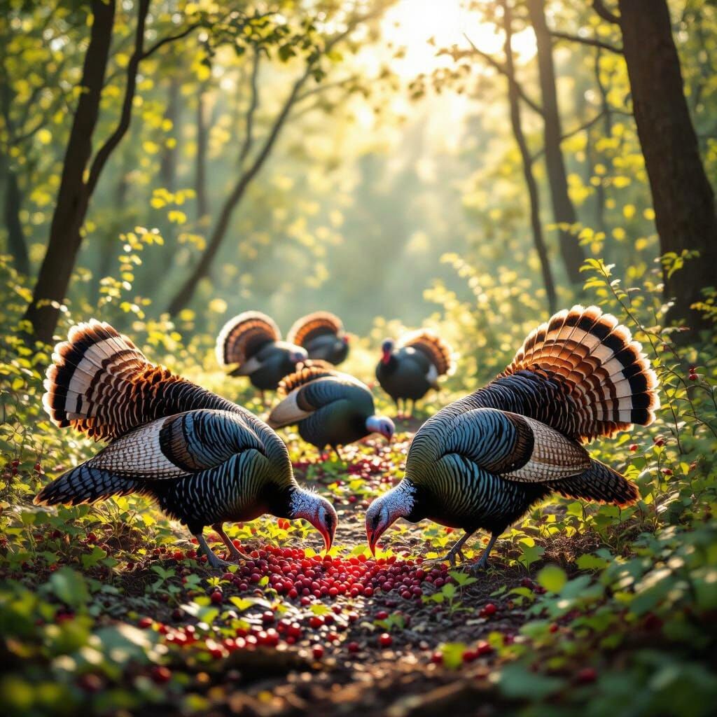 Wild Turkeys Foraging in Sun-Dappled Forest
