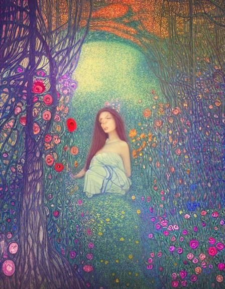 Sunset Woman in Magical Forest, Art Nouveau Style