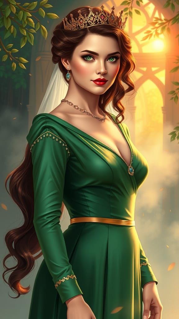 Regal Queen of England in Emerald Green Gown with Ethereal F...