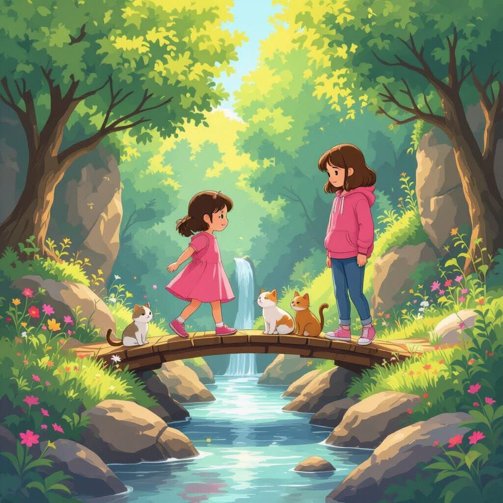 Sisters and Cats on a Ghibli-Inspired Bridge