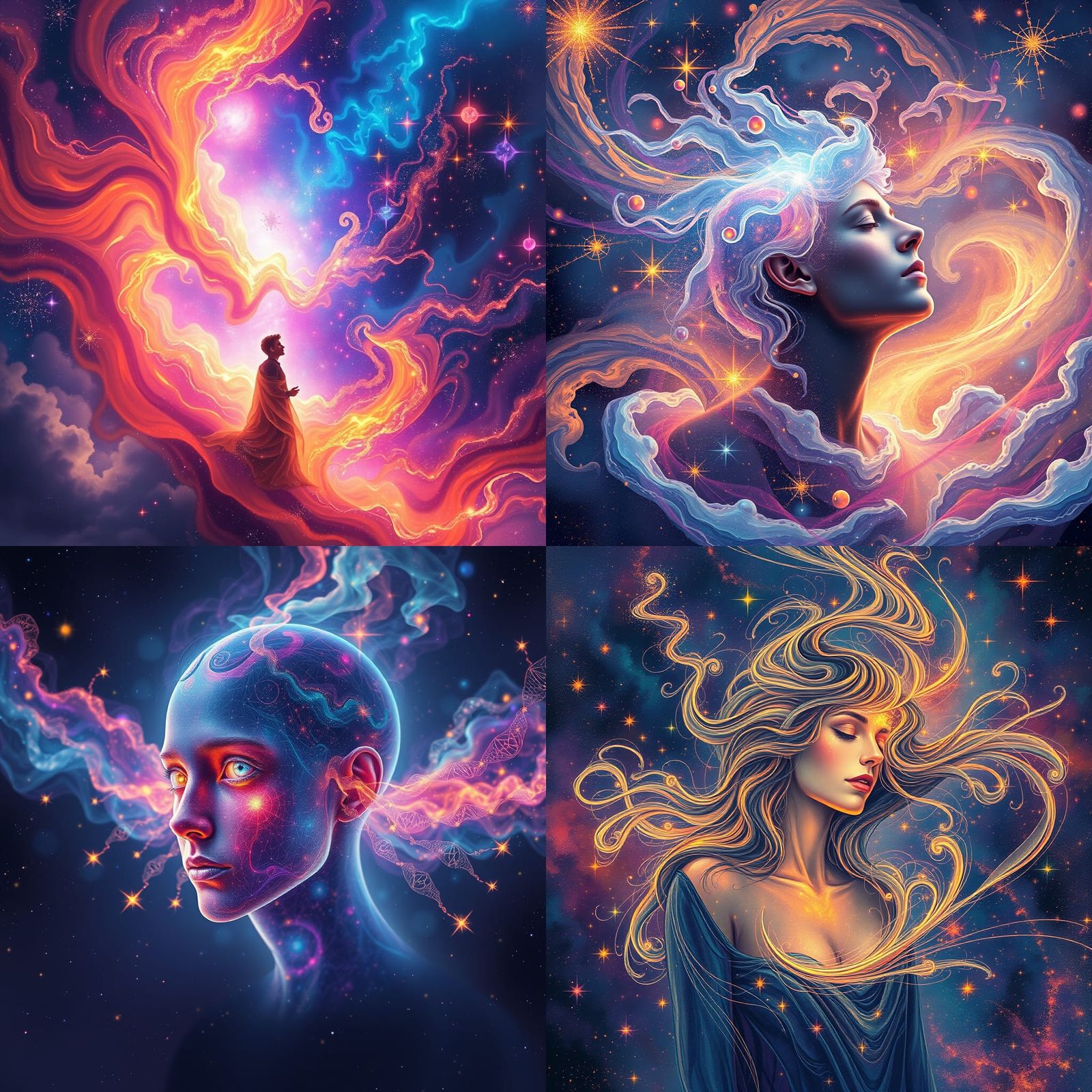 Cosmic Mind with Aura in Holographic Illustration