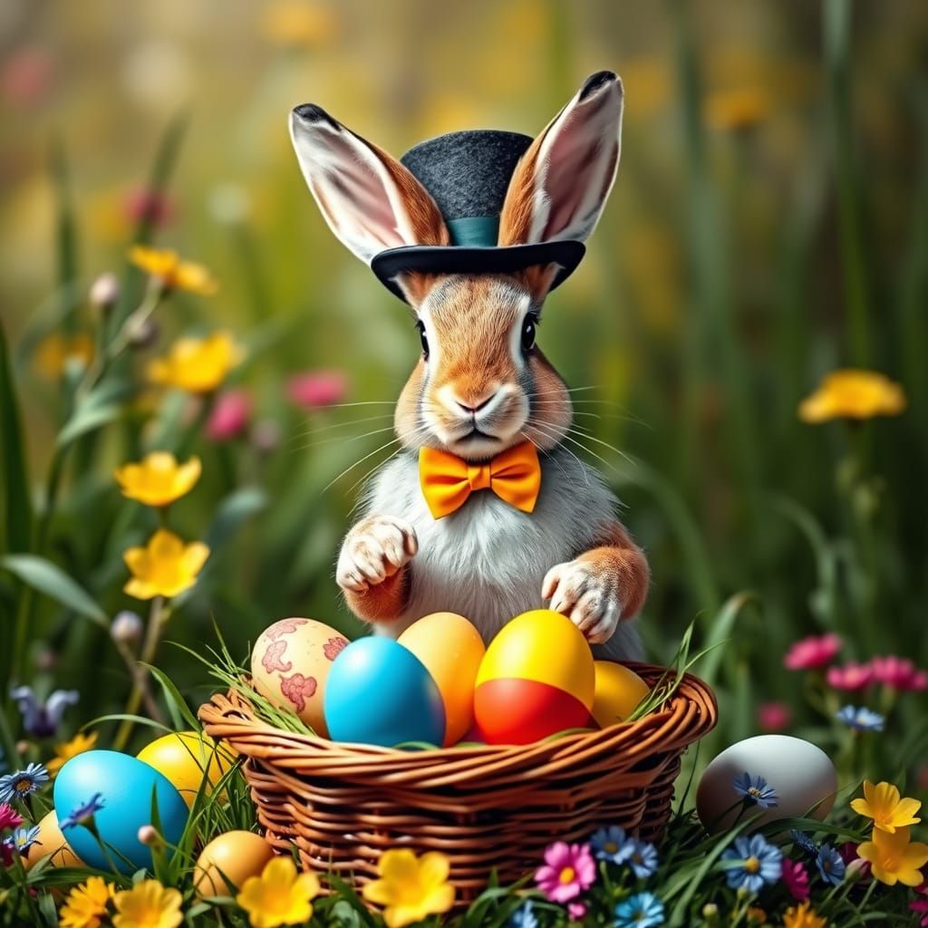Debonair Easter Bunny Delivers Eggs in a Vibrant Springtime ...
