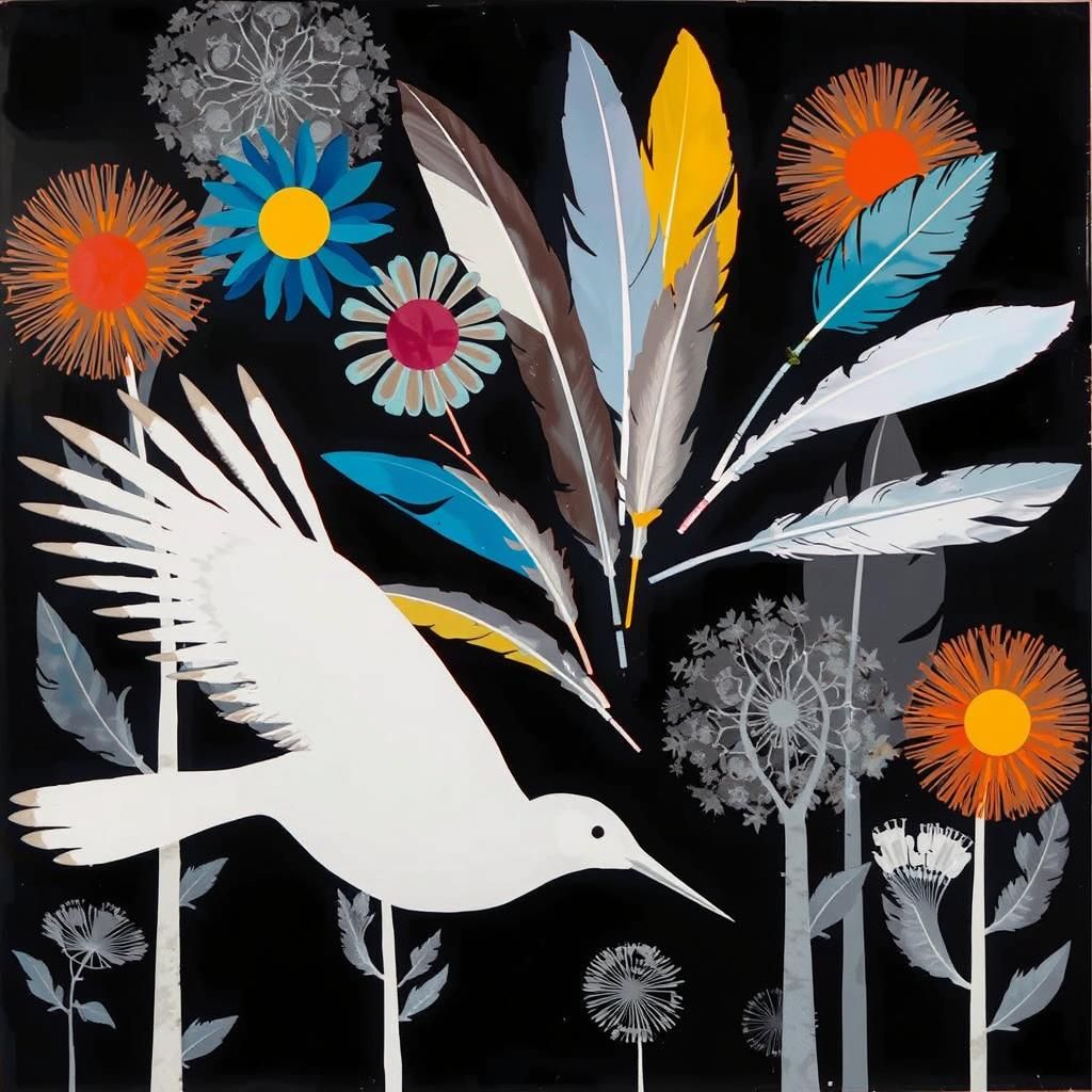 Surreal Photogram of Feathers and Flowers