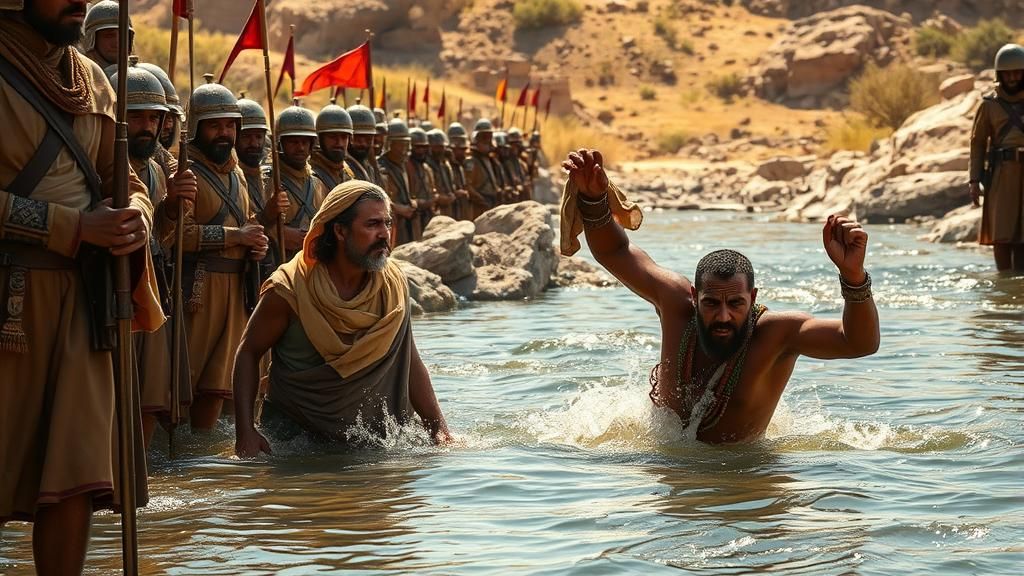 Naaman, with an expression of disbelief, dives into the Jord...