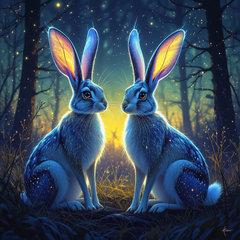 Shimmering Hares in Aurora Glow: A Dark Fantasy Landscape