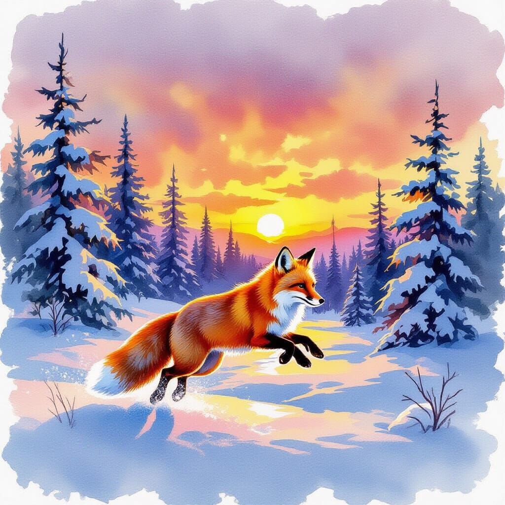 Fox in Snowy Forest with Double-Exposed Sunset
