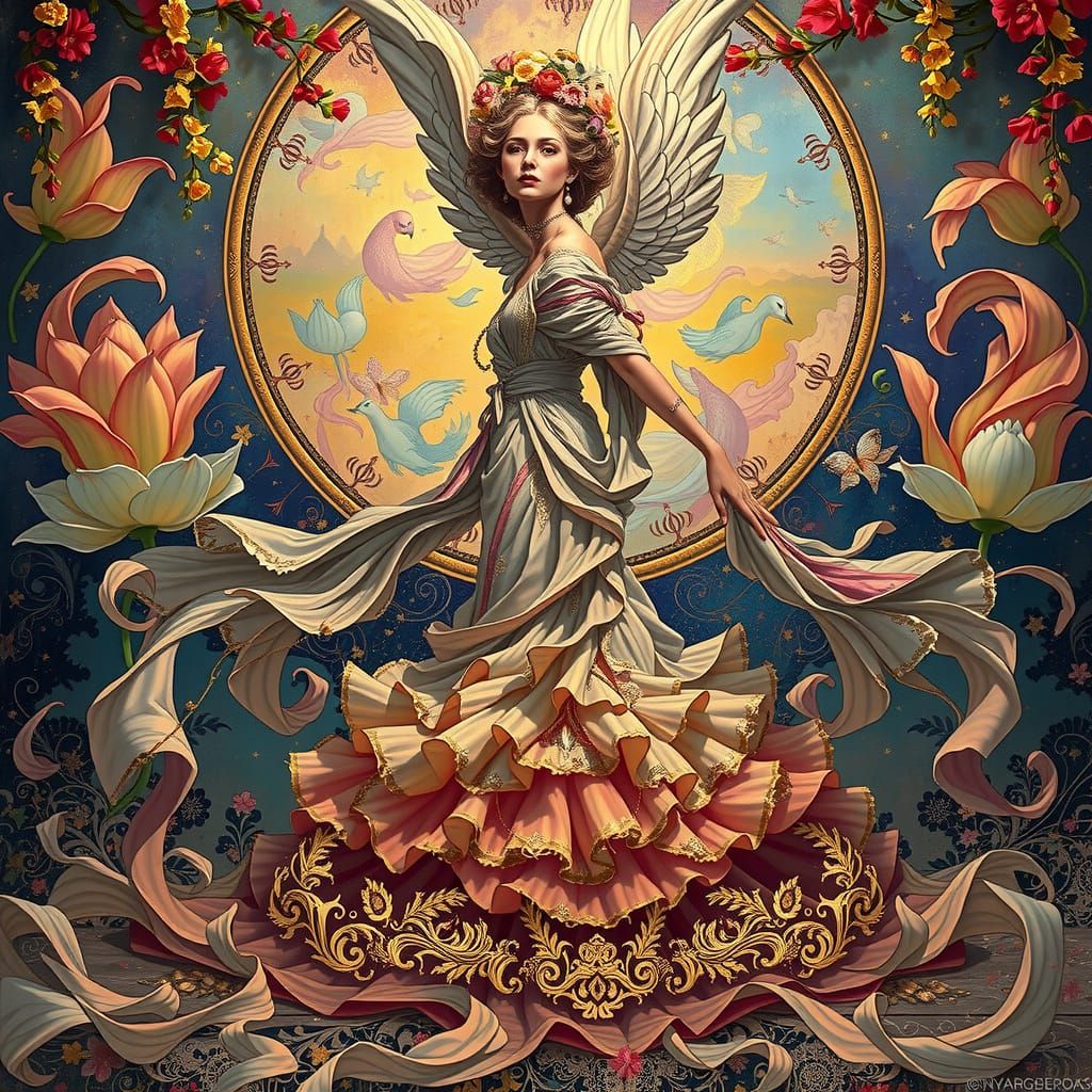 Ethereal Model in Rococo-Inspired Tulip Petal Robe